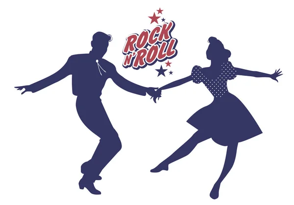 Pareja joven vestida con ropa de los 50 bailando rock and roll. Vector — Vector de stock