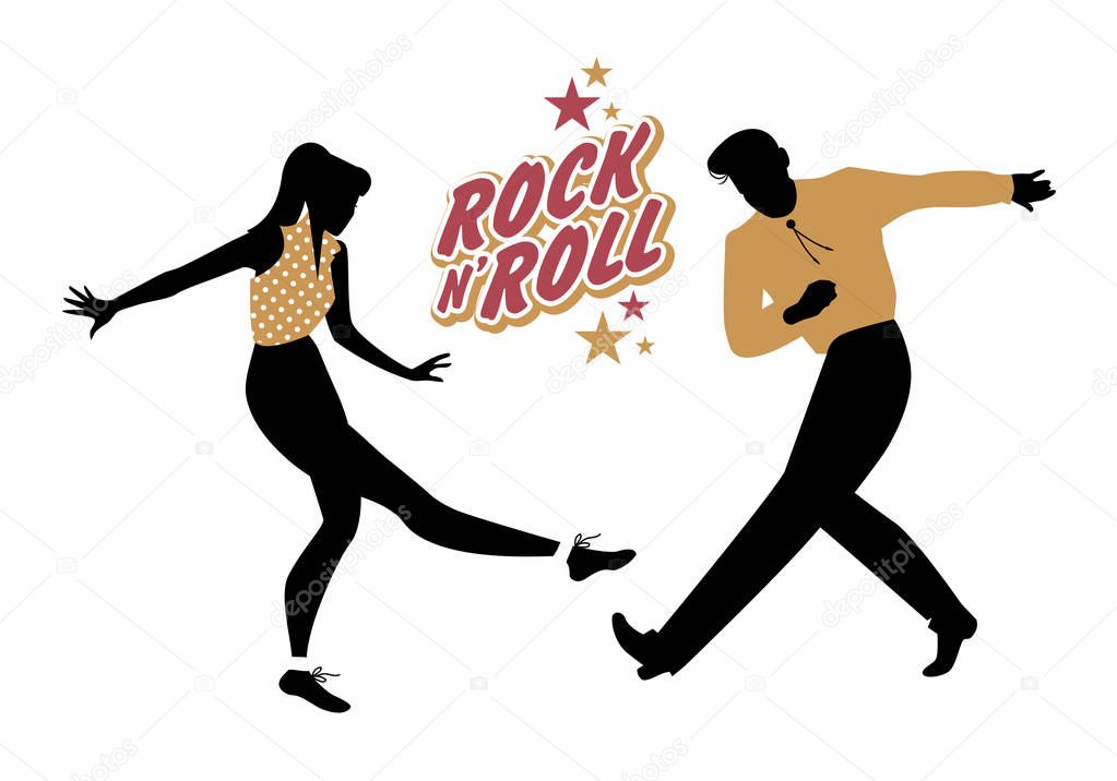 Young couple wearing 50's clothes dancing rock and roll. Vector 