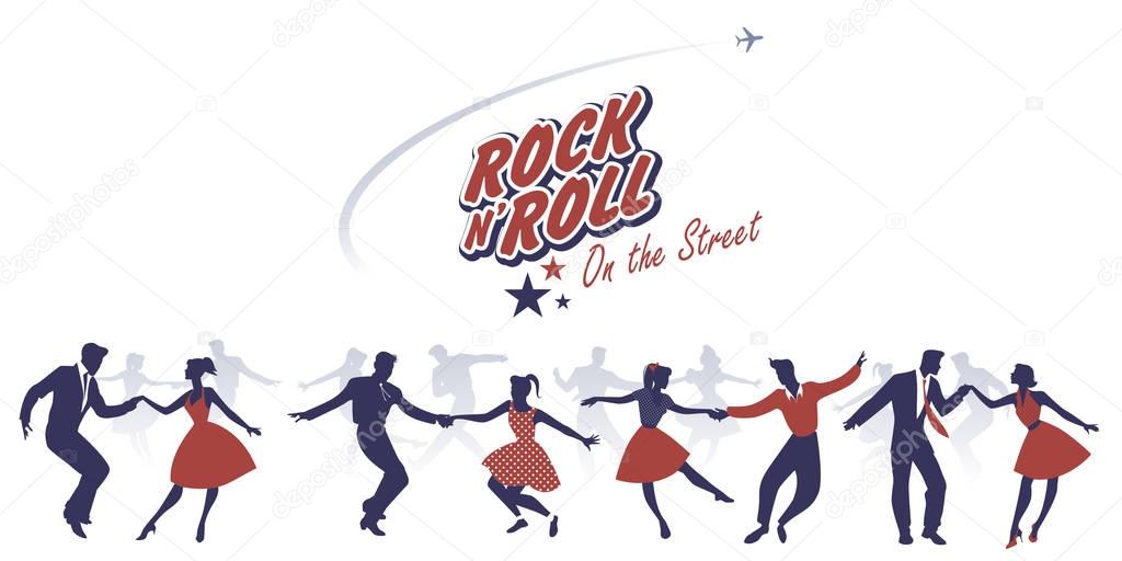 Silhouettes of young couples wearing 50's clothes dancing rock and roll