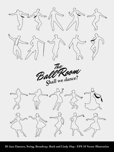 Vingt danseurs de jazz esquissent. Balançoire, Broadway, Rock et Lindy Hop — Image vectorielle