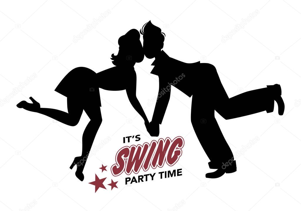 Young couple silhouette dancing swing, lindy hop or rock and roll