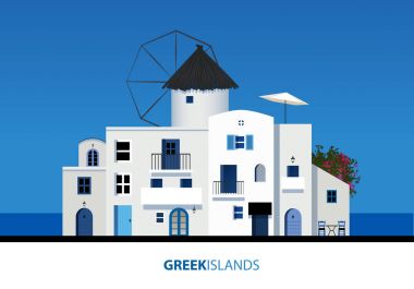 Yunan Adaları. Tipik Yunan Adası mimarisi üzerinde mavi gökyüzü görünümü.