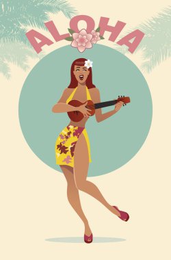 Alto palmiye ağaçları altında oynayan seksi Pin-Up kızı. Hawaiian sahne