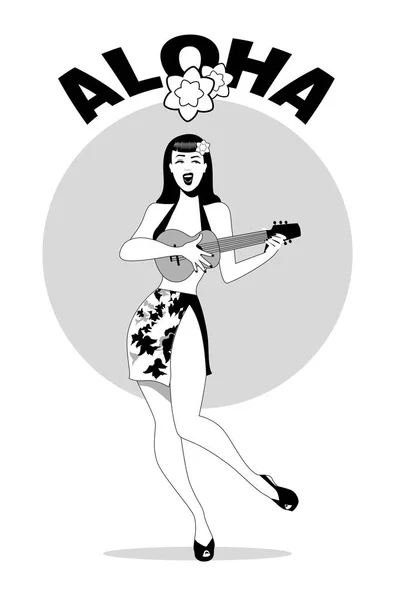 Σέξι Pin-Up κορίτσι παίζει ukelele. Ρετρό σκηνή της Χαβάης — Διανυσματικό Αρχείο