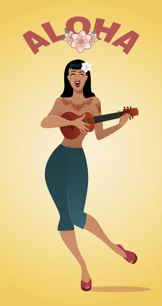 Sexy and tattooed pin-up girl playing ukelele. — Stock Vector