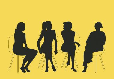 Dört kadın birlikte birlikte konuşurken oturma grubu. İllüstrasyon siluet vektör