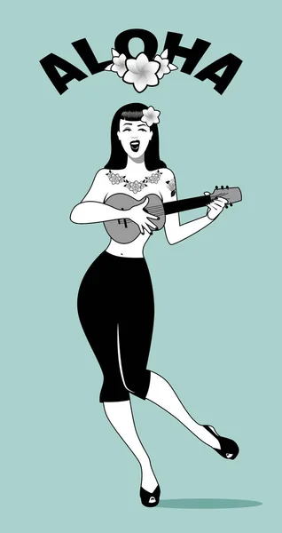 Σέξι και τατουάζ pin-up κορίτσι παίζει ukelele. Εικονογράφηση διάνυσμα — Διανυσματικό Αρχείο