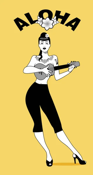 Sexy a Tetovaný pin-up girl hraje ukulele. Vektorové ilustrace — Stockový vektor