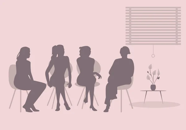 Dört kadın birlikte birlikte konuşurken oturma grubu. İllüstrasyon siluet vektör — Stok Vektör