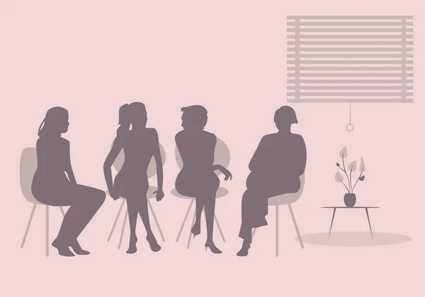 Groupe de quatre femmes qui discutent ensemble. Illustration vectorielle Silhouettes — Image vectorielle