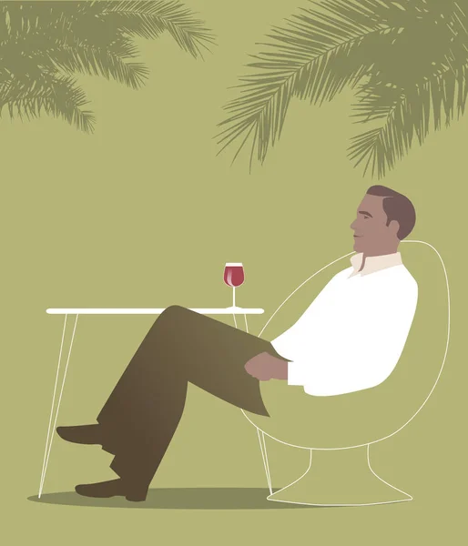 Omul care stă sub palmieri într-un bar. Consumul de vin roșu . — Vector de stoc