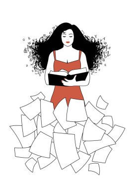 Kadın saçları rüzgarda bir kitap okuma. Saç harflerin yapılmış. Yaprak kağıt etek