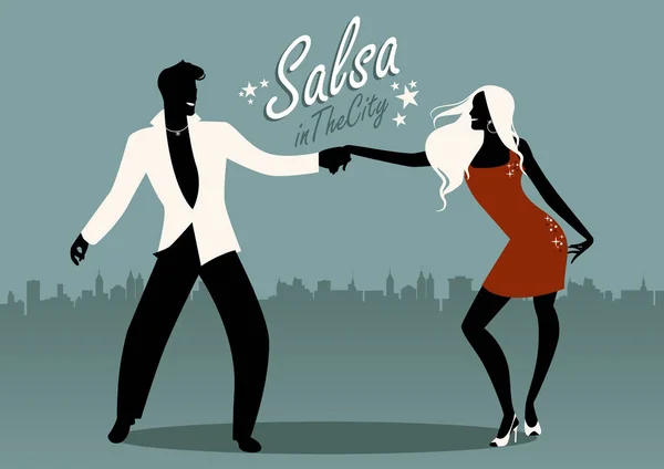 Salsa a városban. A fiatal pár tánc latin zene — Stock Vector
