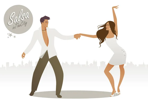 Salsa in the City. Young couple dancing latin music — Stock Vector