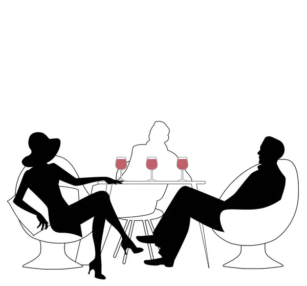 Silhouette di gruppo di tre bevendo vino rosso. Illustrazione vettoriale — Vettoriale Stock