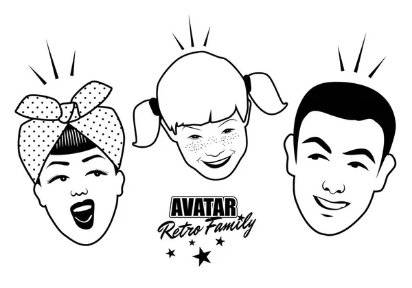 Familia Retro Avatar. Caras de dibujos animados estilo retro. Ilustración vectorial . — Archivo Imágenes Vectoriales