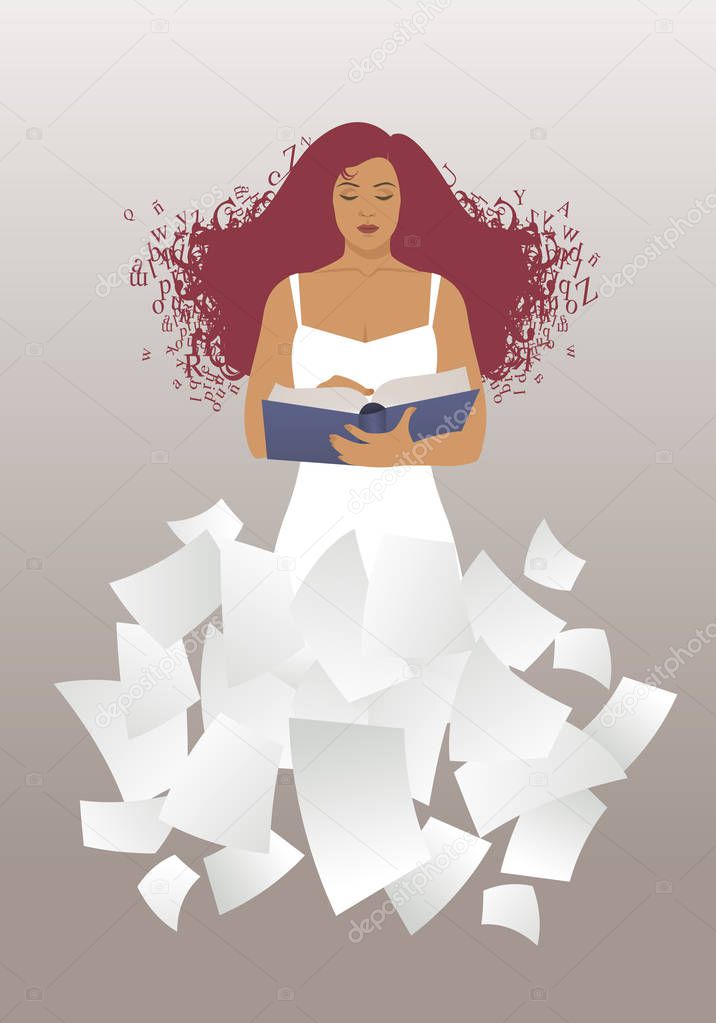 Woman reading a book with hair in the wind. Hair made of letters. Skirt of sheets of paper