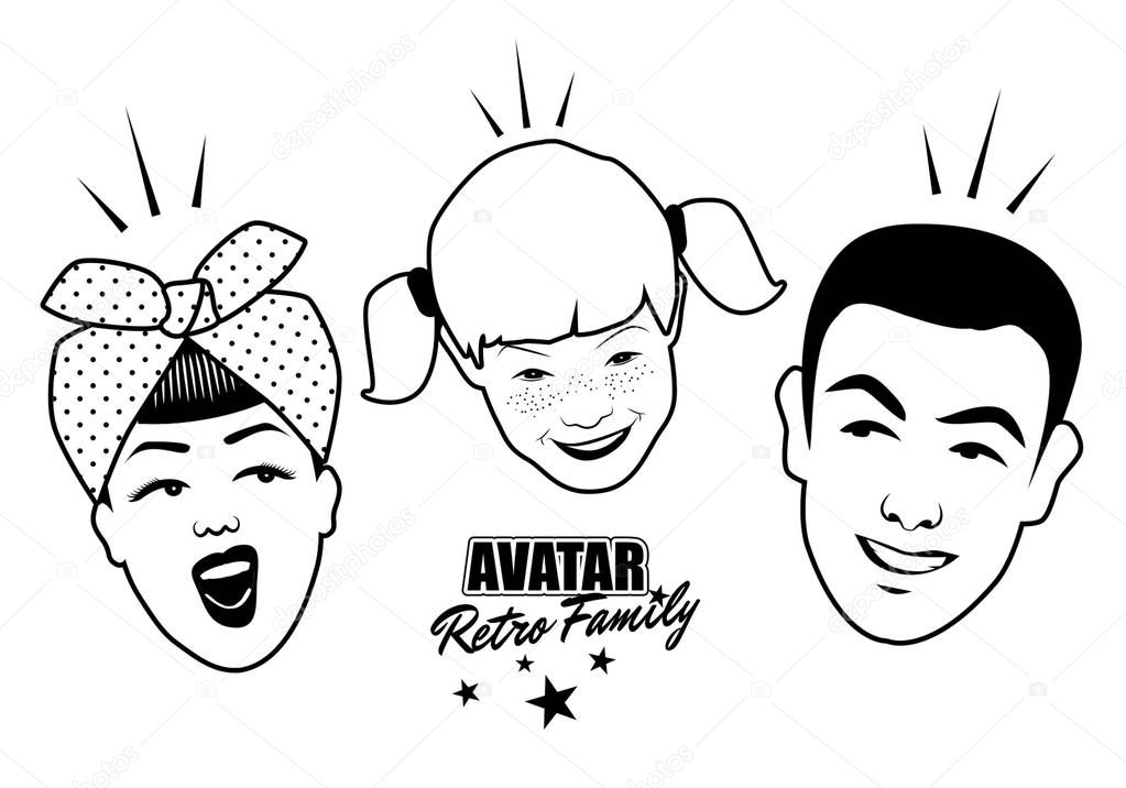 Avatar Retro Family. Cartoon faces retro style. Vector illustration.