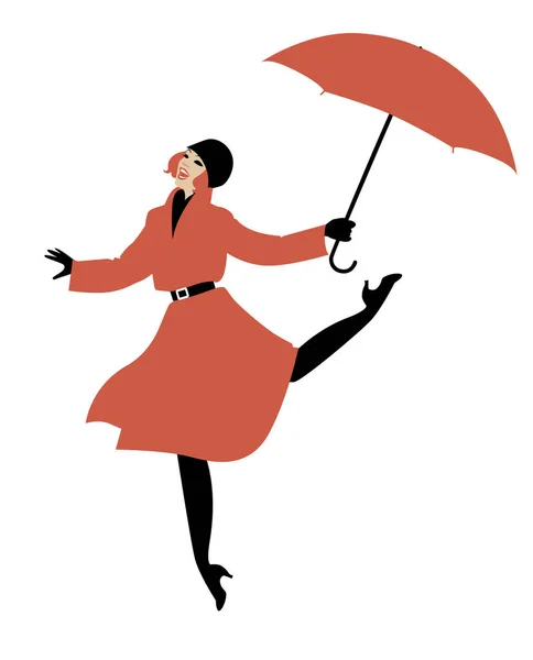 Dívka v pláštěnku a deštník skákání a tanec — Stockový vektor