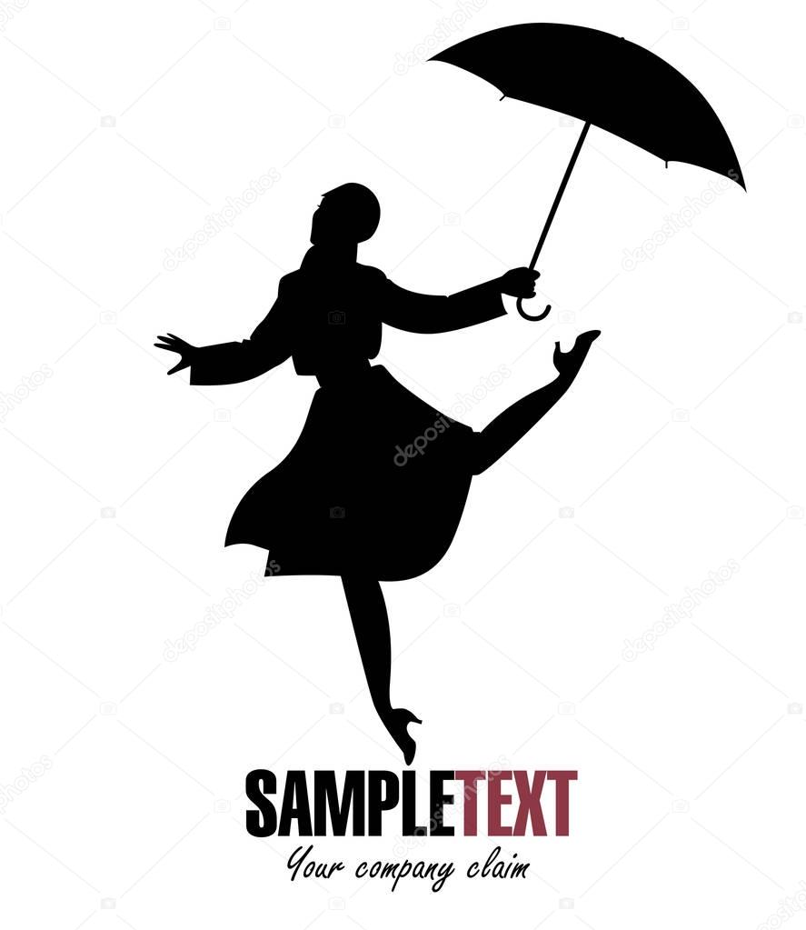 Silhouette of girl in raincoat and umbrella jumping and dancing 