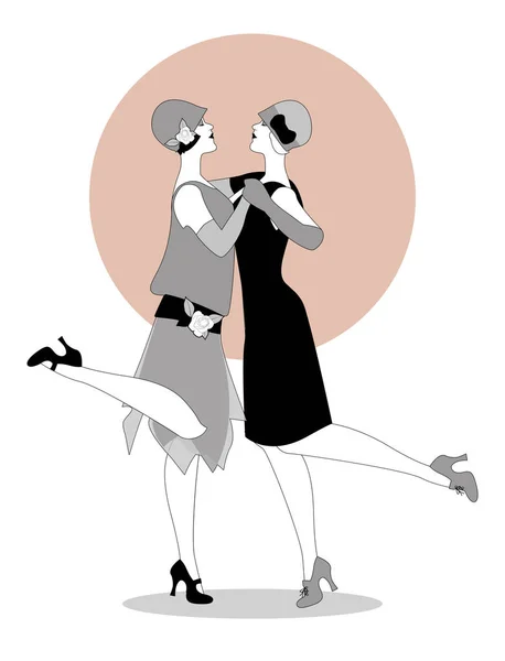 Dos chicas flappers usando ropa de 1920 bailando Charleston . — Vector de stock