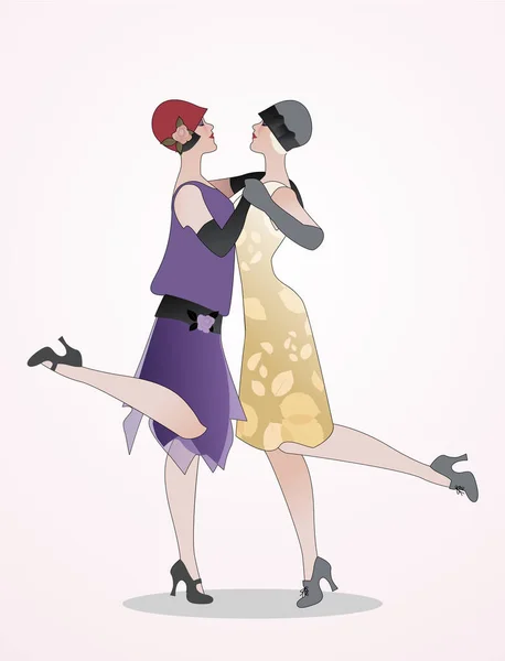 Dos chicas flappers usando ropa de 1920 bailando Charleston . — Archivo Imágenes Vectoriales