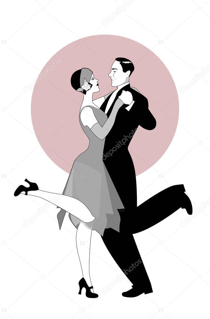 Elegant couple wearing 20's style clothes dancing charleston. Vector Illustration