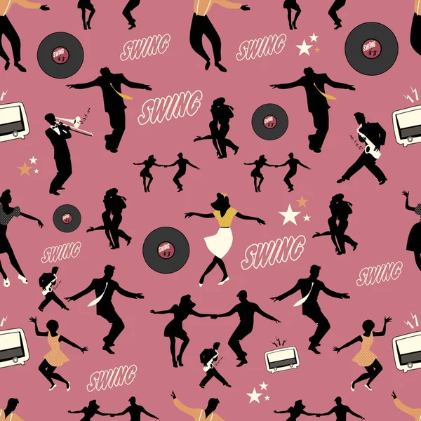 Patrón de baile swing. Bailarines y músicos. Estilo retro. Costuras — Vector de stock