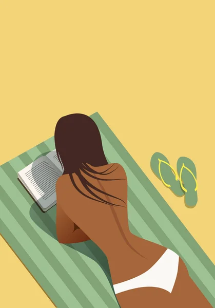 タオルの上に横になっているビーチを読んでいる女の子。ベクトル図 — ストックベクタ