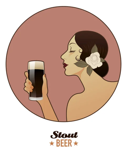 Bir bardak bira tutan kadın. Yiğit. Vintage tarzı. — Stok Vektör