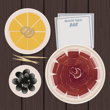 Tipik İspanyol yemeği. Tapas. Peynir, İber Ham, zeytin