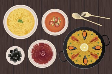 Tipik İspanyol yemeği. Soğuk domates çorbasını, patates omlet, İber Ham, zeytin