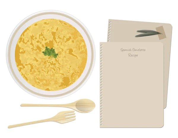 Typical Spanish 'Tortilla'. Spanish Potato Omelette. Sheet of notebook recipe — Stock Vector