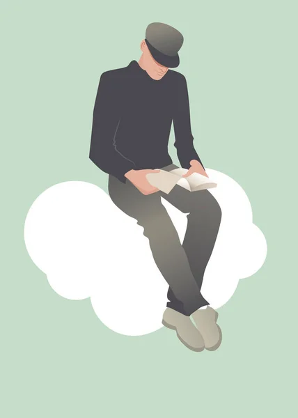 Młody człowiek, czytanie, siedząc na chmurze. Ilustracja wektorowa — Wektor stockowy