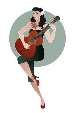 Gitar çalmak güzel ve dövmeli pin-up kızı.
