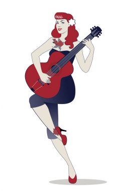 Gitar çalmak güzel ve dövmeli pin-up kızı. 