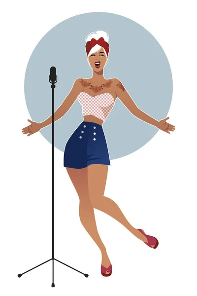 Menina pin-up bonita e tatuada cantando. Ilustração vetorial —  Vetores de Stock