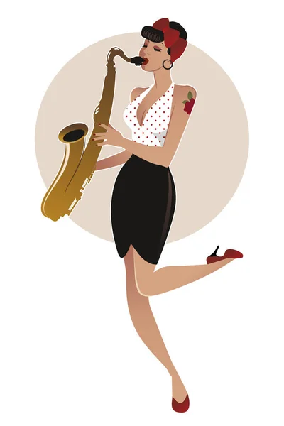 Gyönyörű és tetovált pin-up lány játszani a szaxofon. — Stock Vector