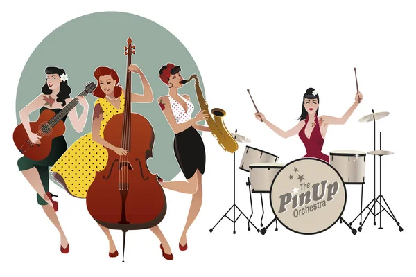 Pinup Mädchenband. vier schöne und tätowierte Pinup-Girls, die Musik spielen. — Stockvektor