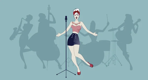 Schöne und tätowierte Pin-up-Girl singt mit Damenband im Hintergrund — Stockvektor