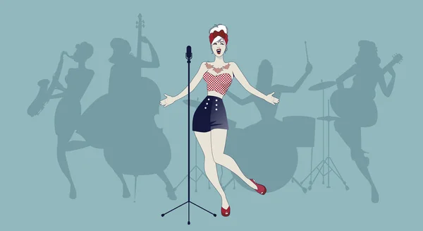 Hermosa y tatuada chica pin-up cantando con banda de damas en el fondo — Archivo Imágenes Vectoriales