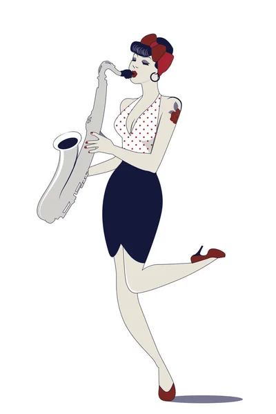 Belle fille pin-up tatouée jouant du saxophone . — Image vectorielle