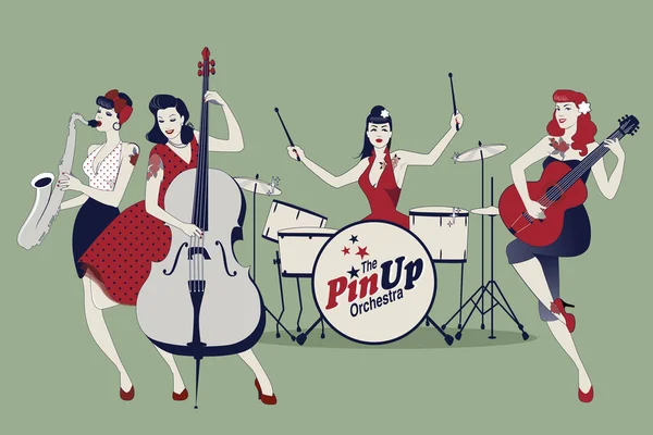 PinUp Girls Band. Quatro lindas e tatuadas garotas pinup tocando música . —  Vetores de Stock