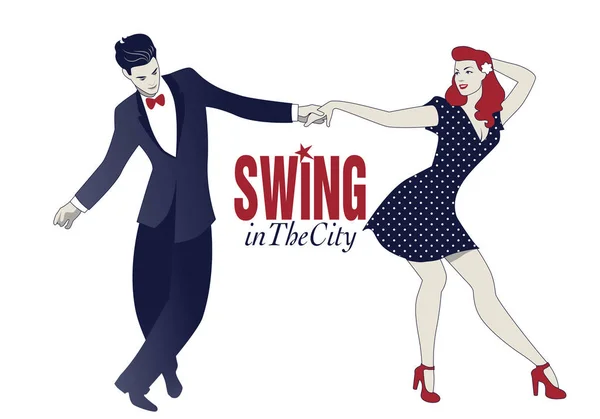Νεαρό ζευγάρι χορεύει swing, lindy hop ή ροκ εν ρολ — Διανυσματικό Αρχείο