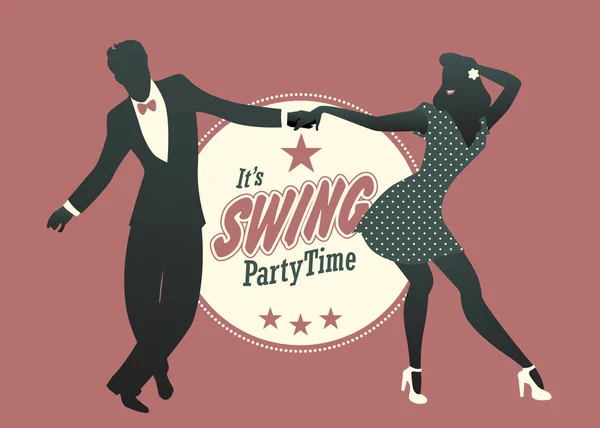 Junges Paar Silhouette tanzt Swing, Lindy Hop oder Rock and Roll — Stockvektor