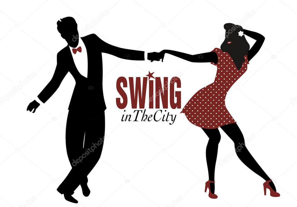 Young couple silhouette dancing swing, lindy hop or rock and rol