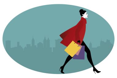 Moda alışveriş torbaları sokakta yürürken kadınla. 