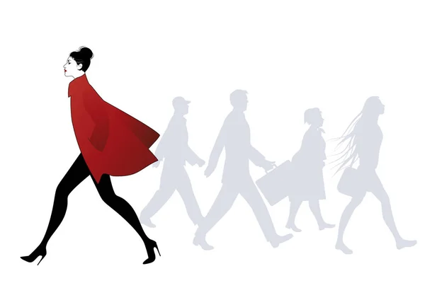 ファッションの女性が通りを歩いてします。バック グラウンドの上を歩く人々 のシルエット — ストックベクタ