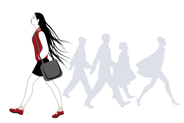 Menina adolescente com cabelos longos no vento andando na rua. Silhuetas de pessoas em segundo plano — Vetor de Stock
