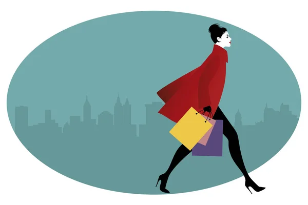 Mujer de moda con bolsas de compras caminando por la calle . — Archivo Imágenes Vectoriales